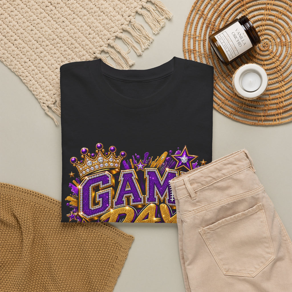 Game Day T-Shirt — "Let the Fun Begin!" Purple & Gold Sports Tee