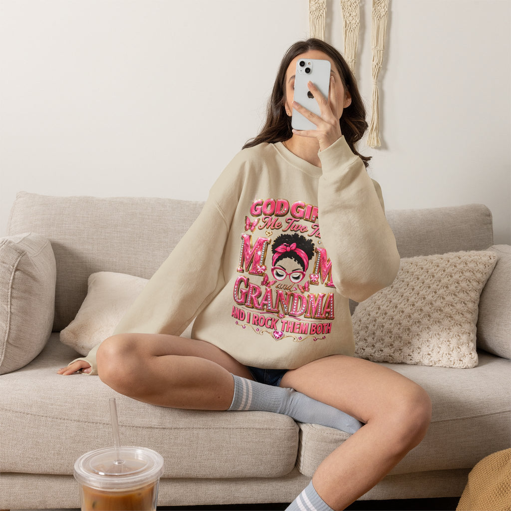 Mom & Grandma Sweatshirt — "God Gifted Me Two Titles" Cozy Crewneck for Moms and Grandmothers