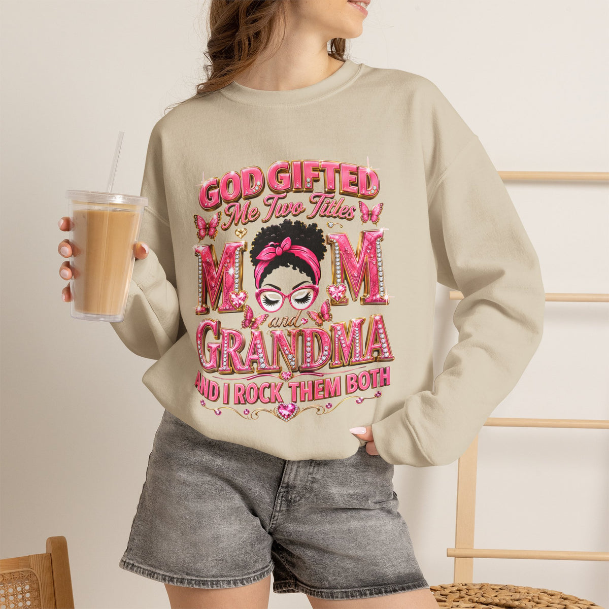 Mom & Grandma Sweatshirt — "God Gifted Me Two Titles" Cozy Crewneck for Moms and Grandmothers