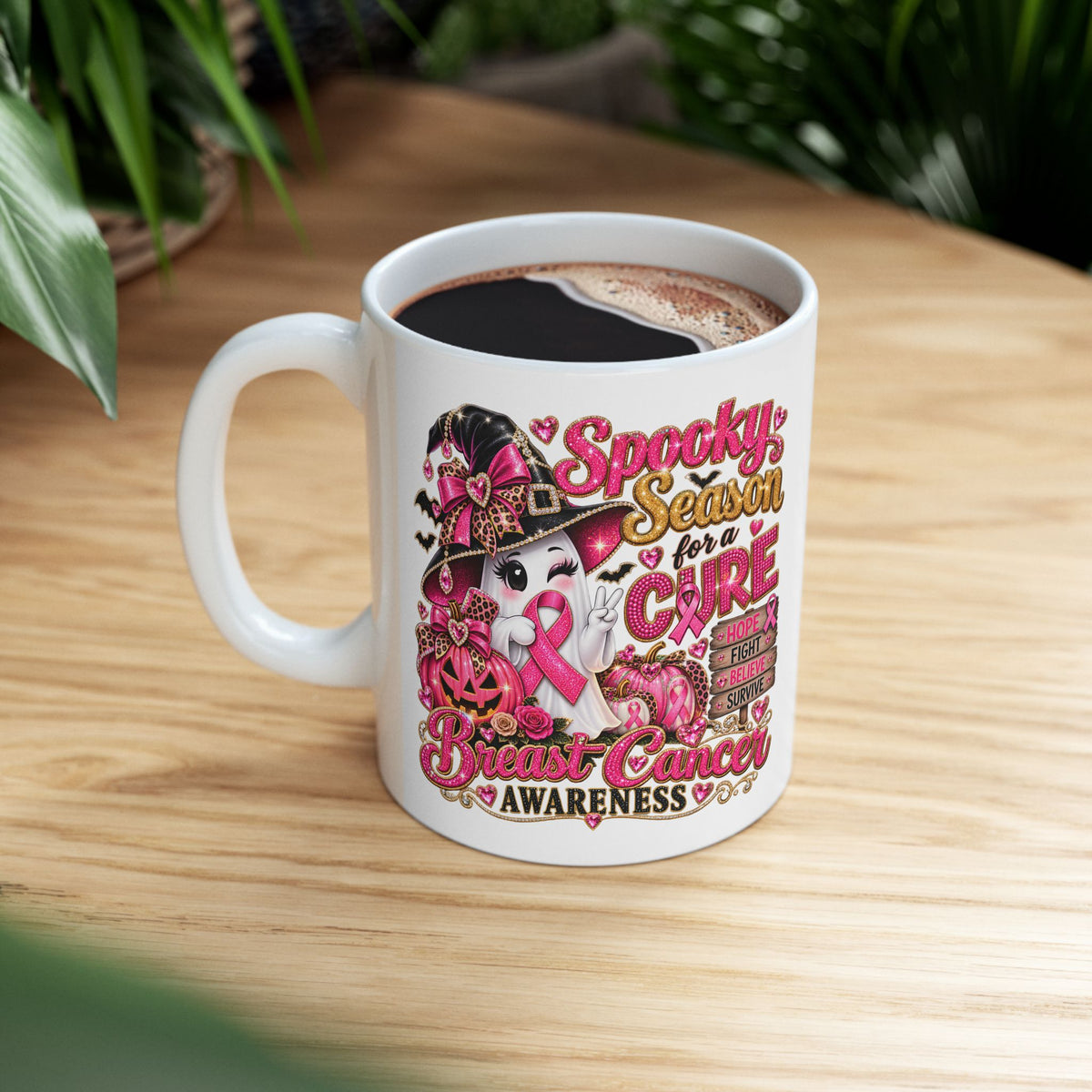 Breast Cancer Awareness Witch Cat Ceramic Mug (11oz, 15oz)