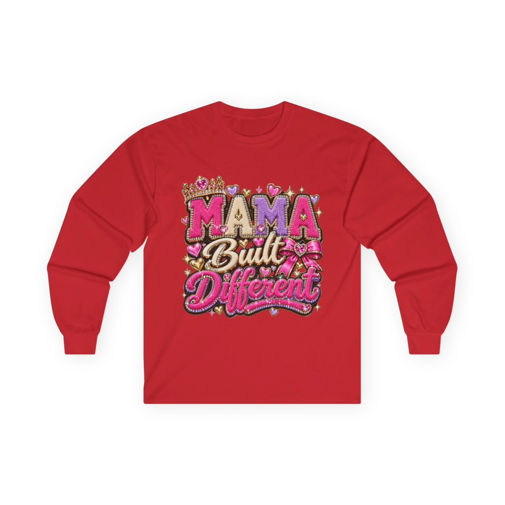 Mama Built Different Long Sleeve Tee — Pink Crowned Mom Graphic Shirt