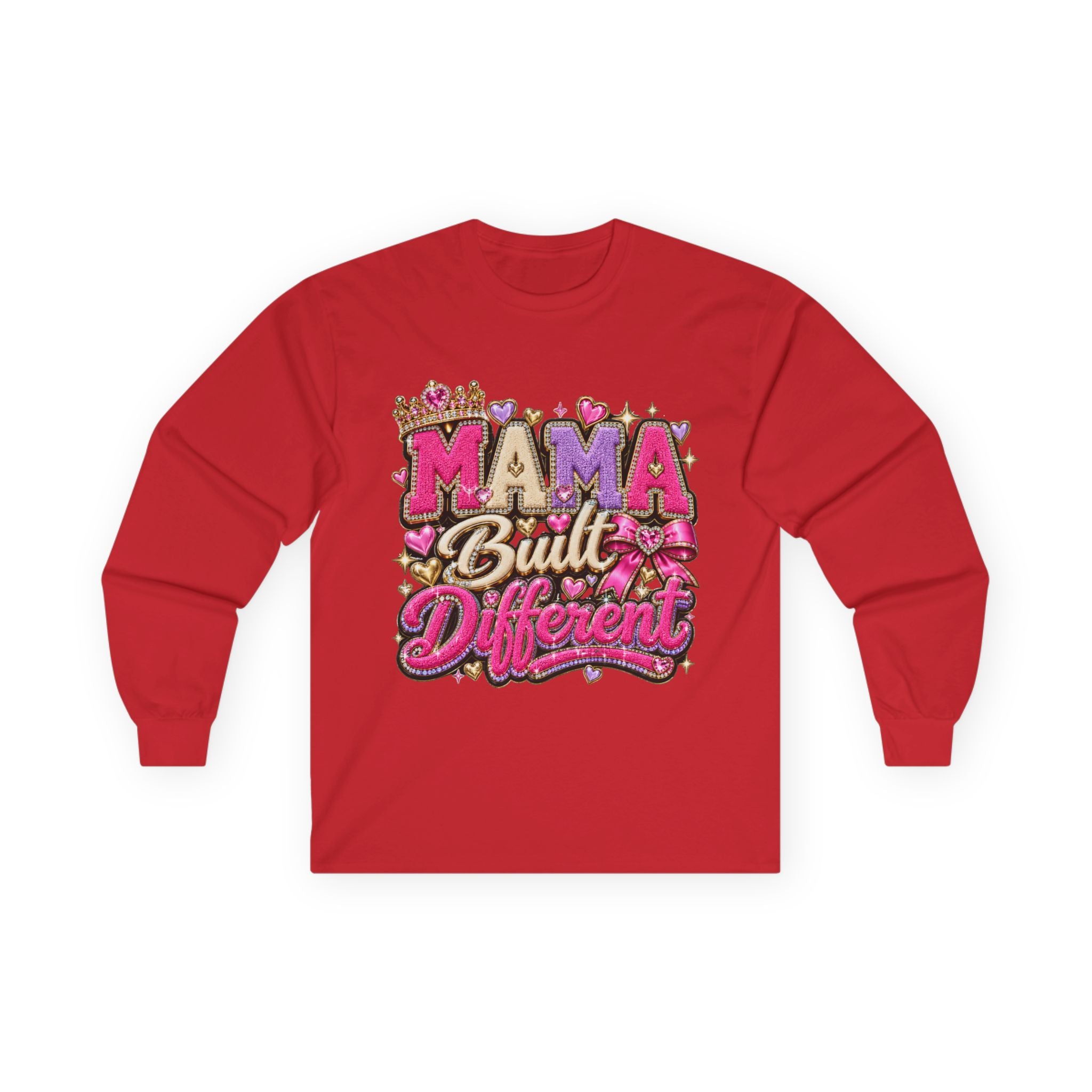Mama Built Different Long Sleeve Tee — Pink Crowned Mom Graphic Shirt