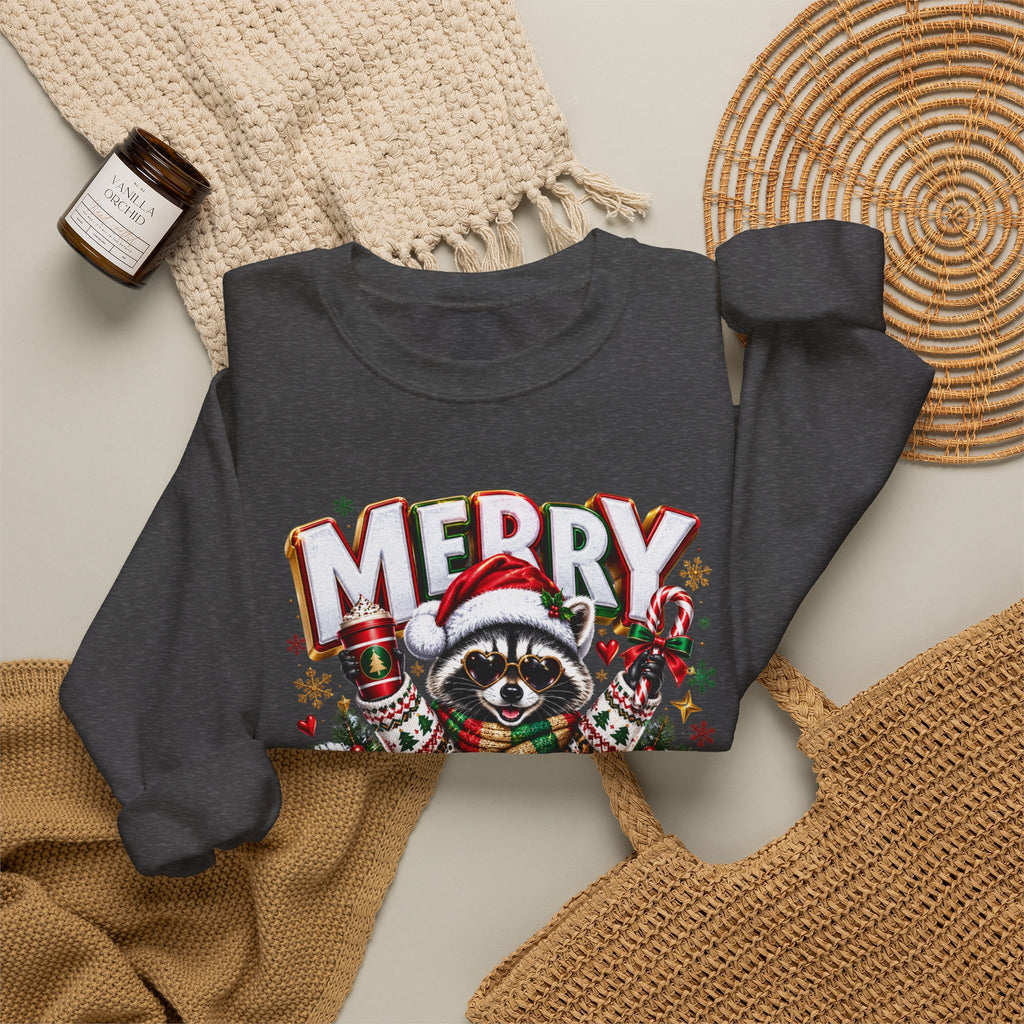 Christmas Raccoon Sweatshirt - "Merry Christmas" Holiday Crewneck