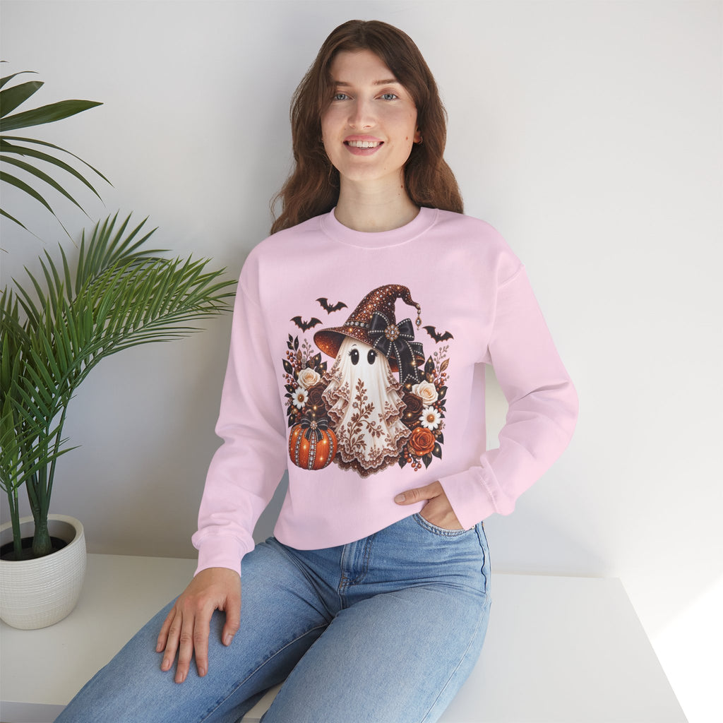 Ghost Witch Sweatshirt — Cute Halloween Pumpkin & Bat Crewneck