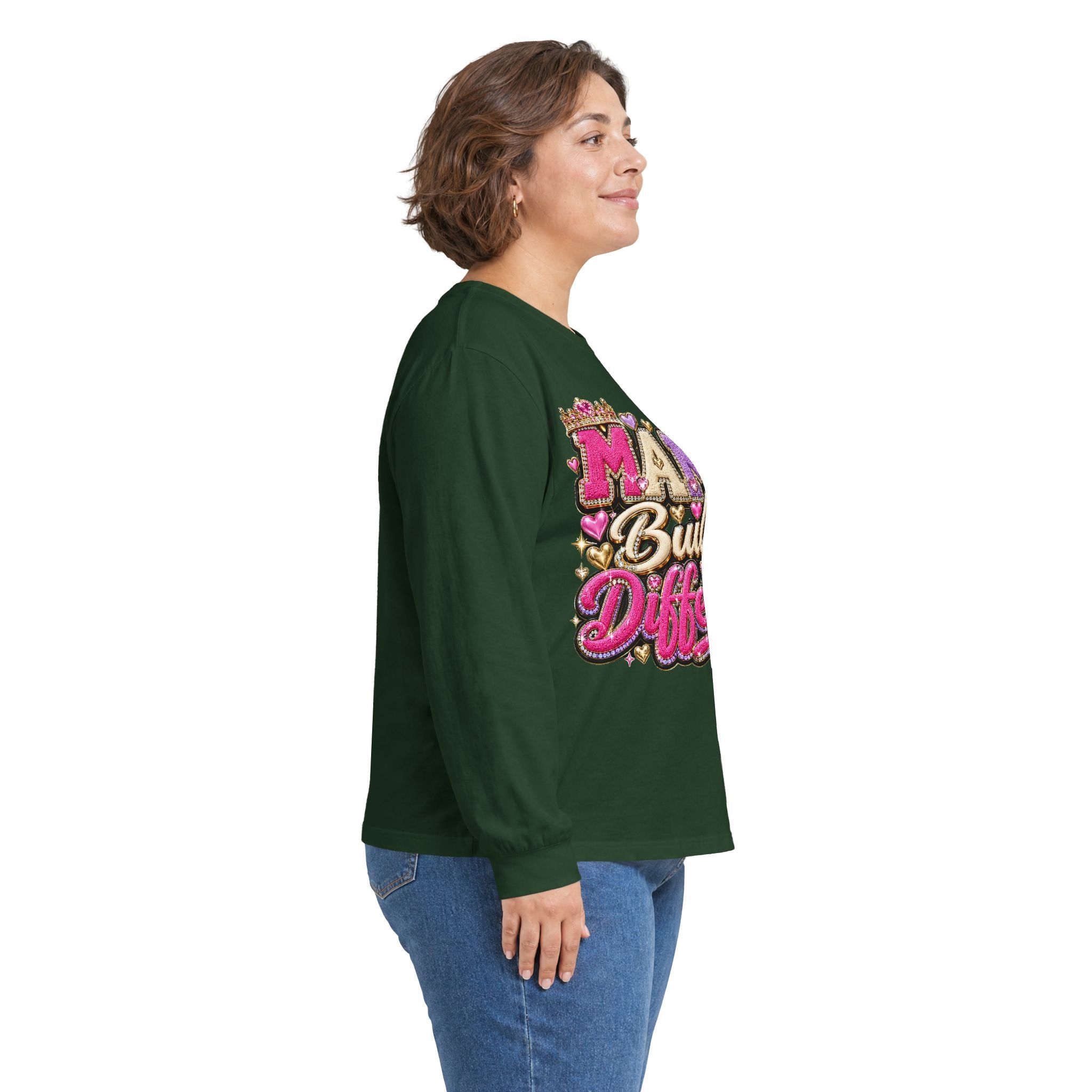 Mama Built Different Long Sleeve Tee — Pink Crowned Mom Graphic Shirt