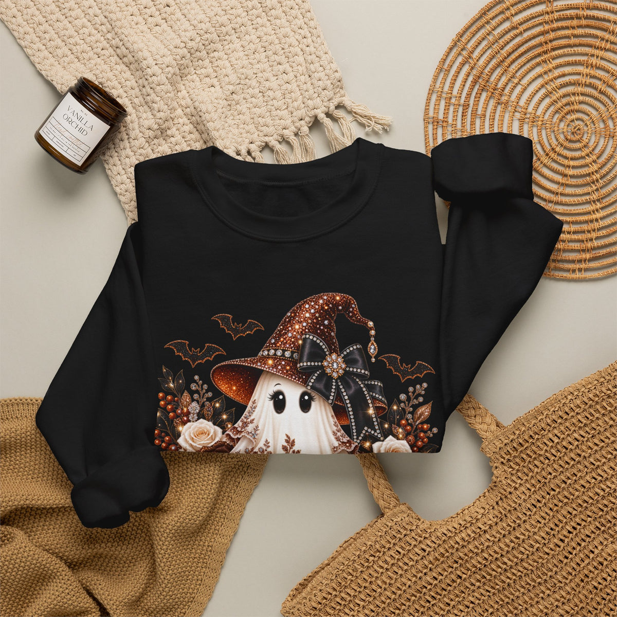 Ghost Witch Sweatshirt — Cute Halloween Pumpkin & Bat Crewneck