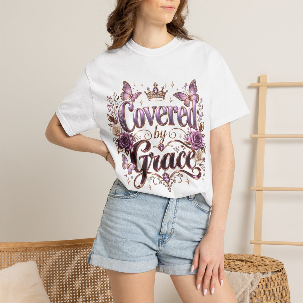 Covered by Grace T-Shirt — Floral Butterfly Christian Faith Tee