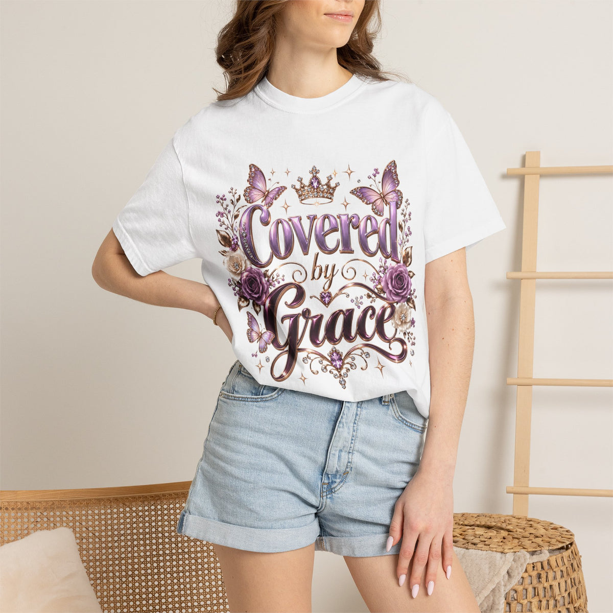 Covered by Grace T-Shirt — Floral Butterfly Christian Faith Tee