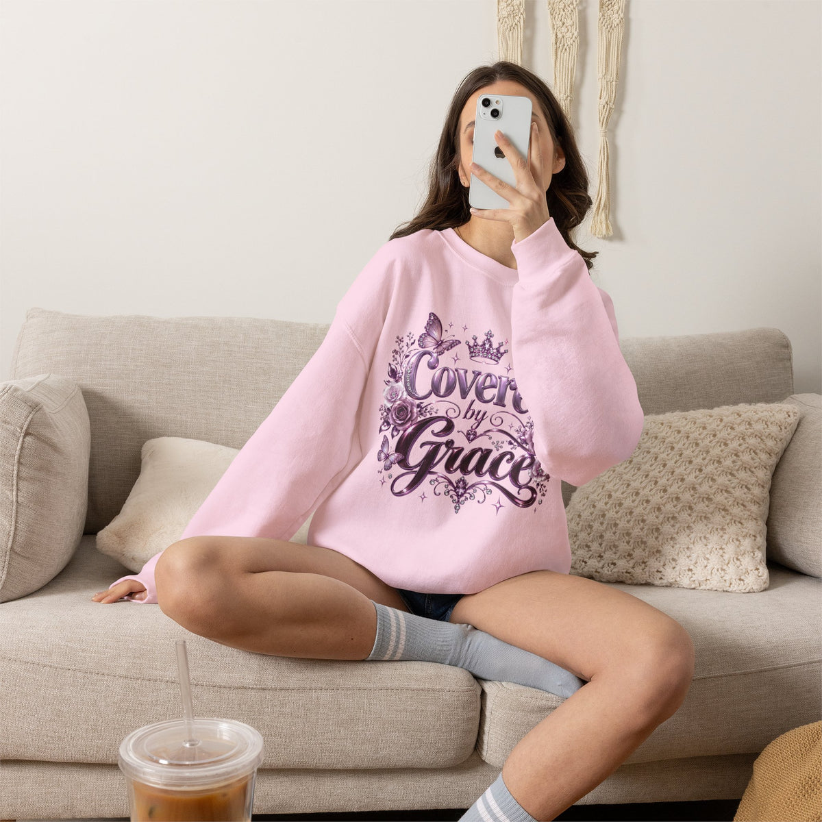 Crewneck Sweatshirt — "Covered by Grace" Floral Christian Pullover