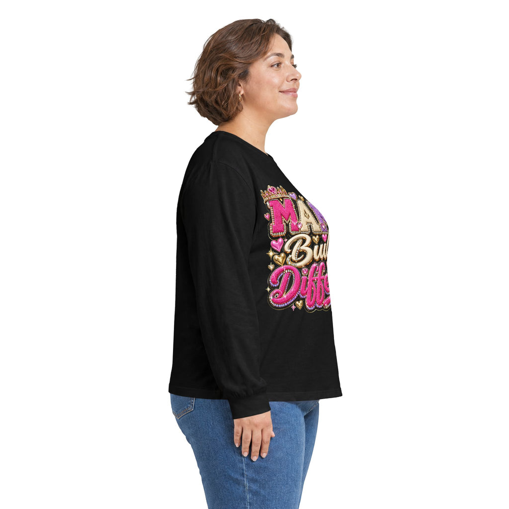 Mama Built Different Long Sleeve Tee — Pink Crowned Mom Graphic Shirt