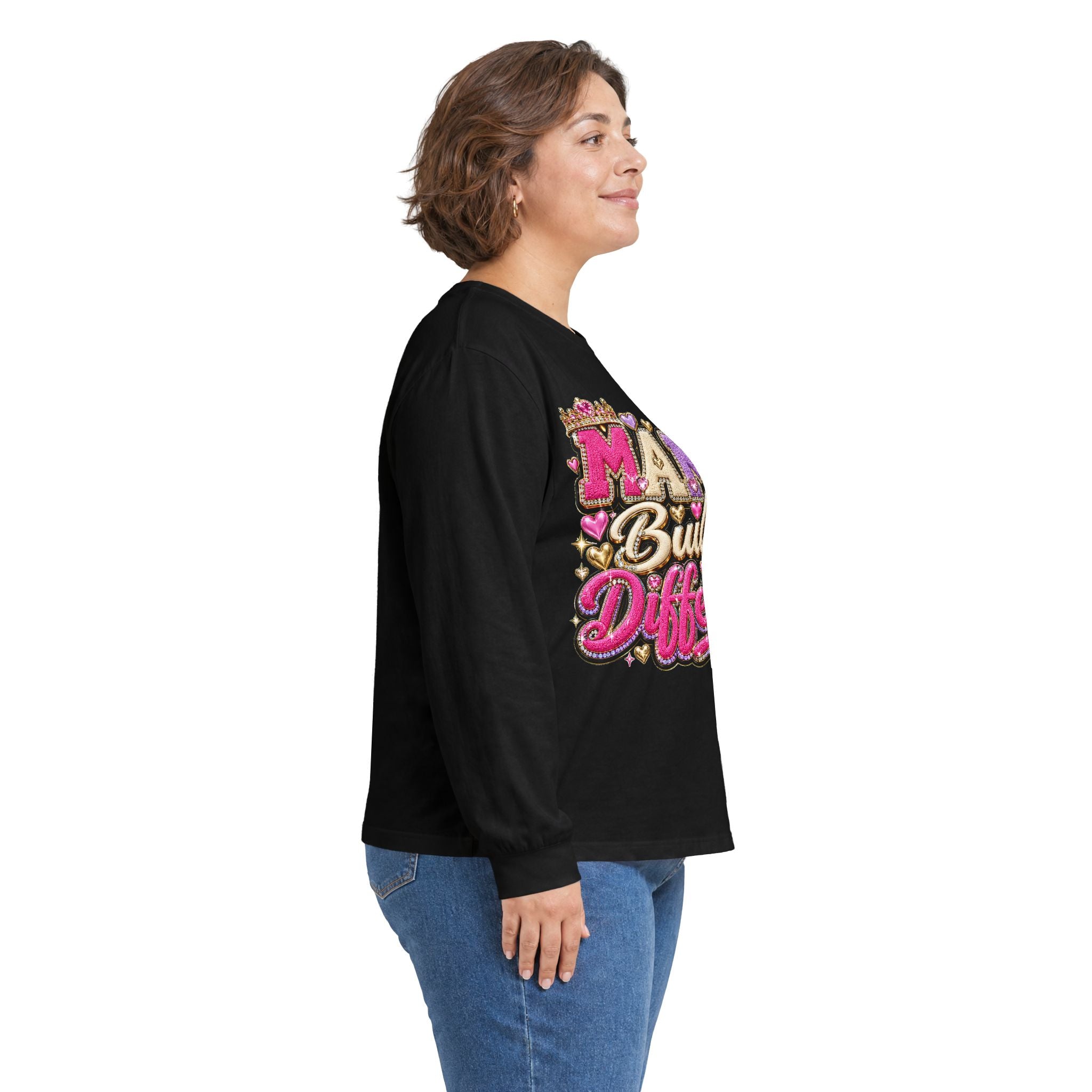 Mama Built Different Long Sleeve Tee — Pink Crowned Mom Graphic Shirt