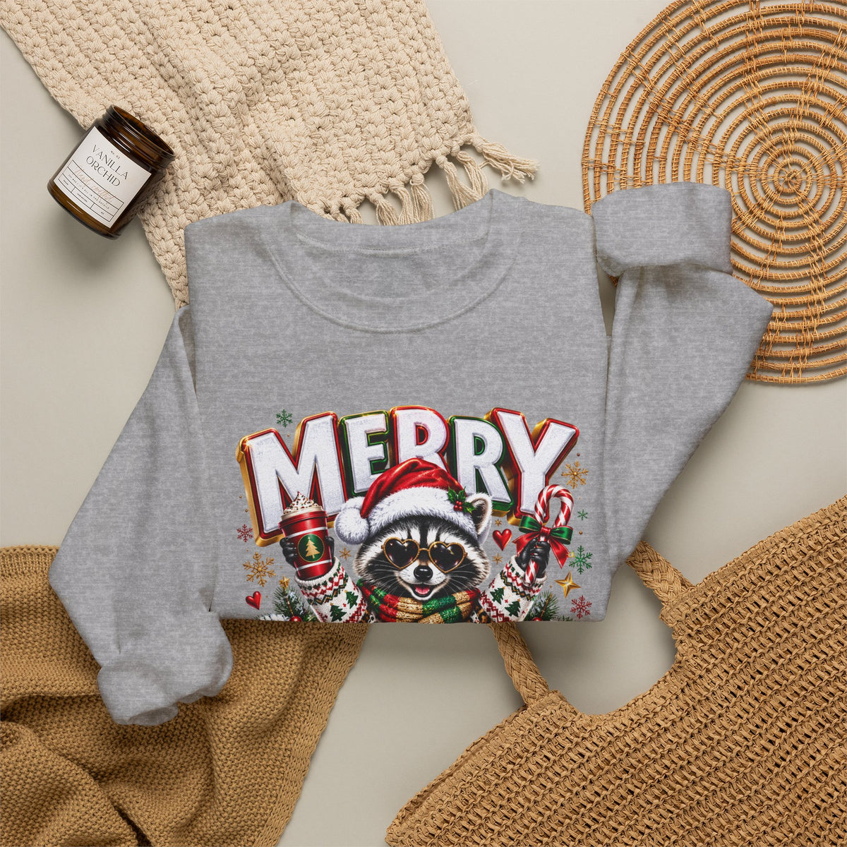 Christmas Raccoon Sweatshirt - "Merry Christmas" Holiday Crewneck