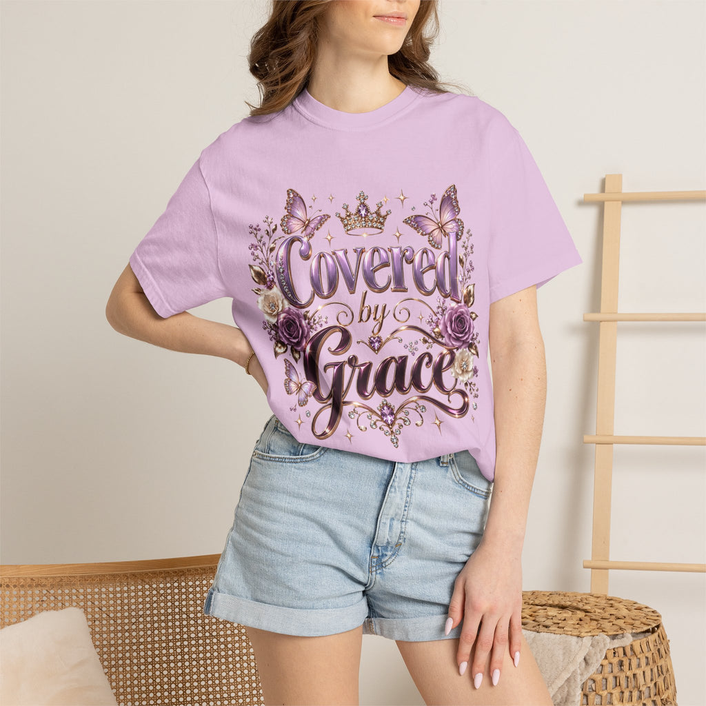 Covered by Grace T-Shirt — Floral Butterfly Christian Faith Tee