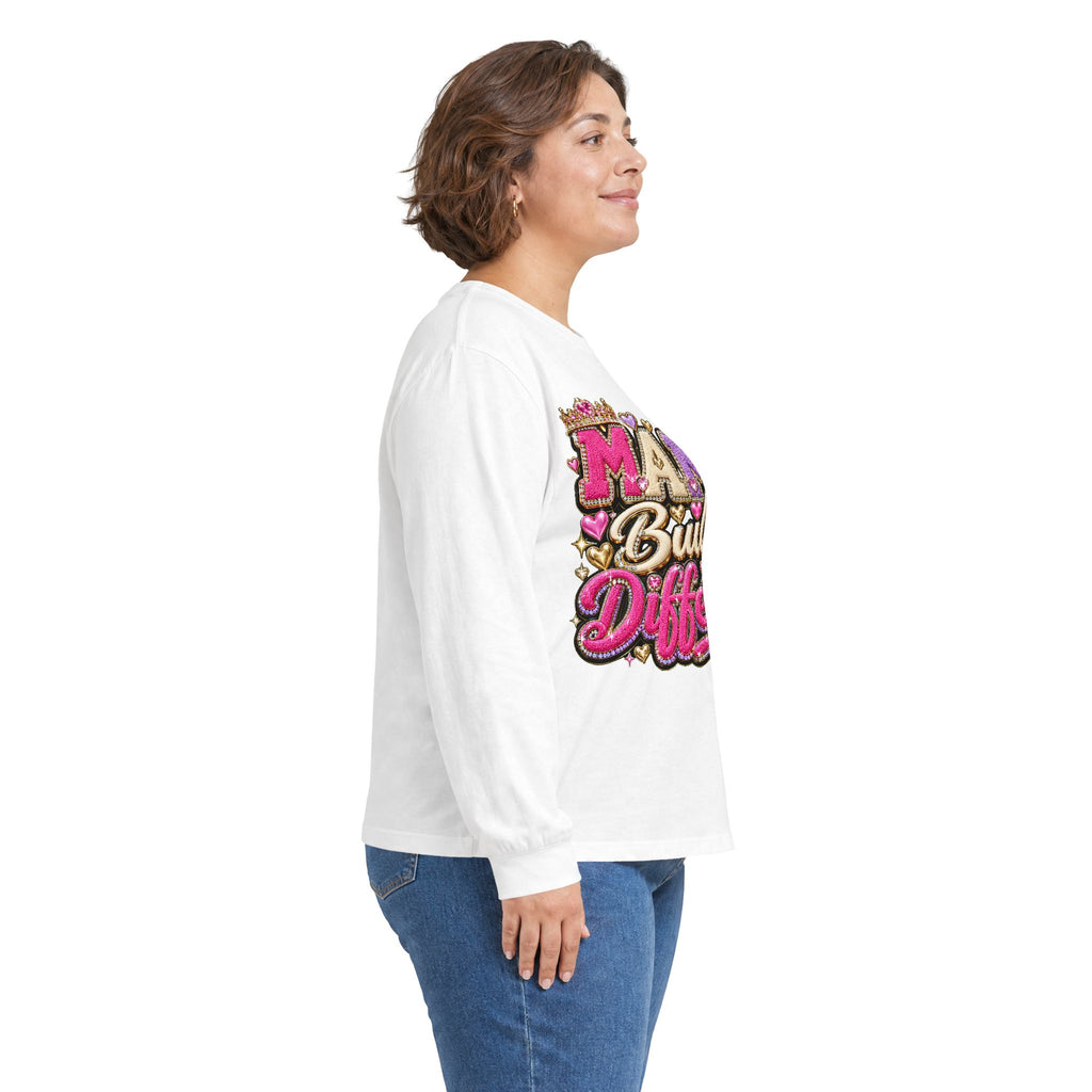 Mama Built Different Long Sleeve Tee — Pink Crowned Mom Graphic Shirt