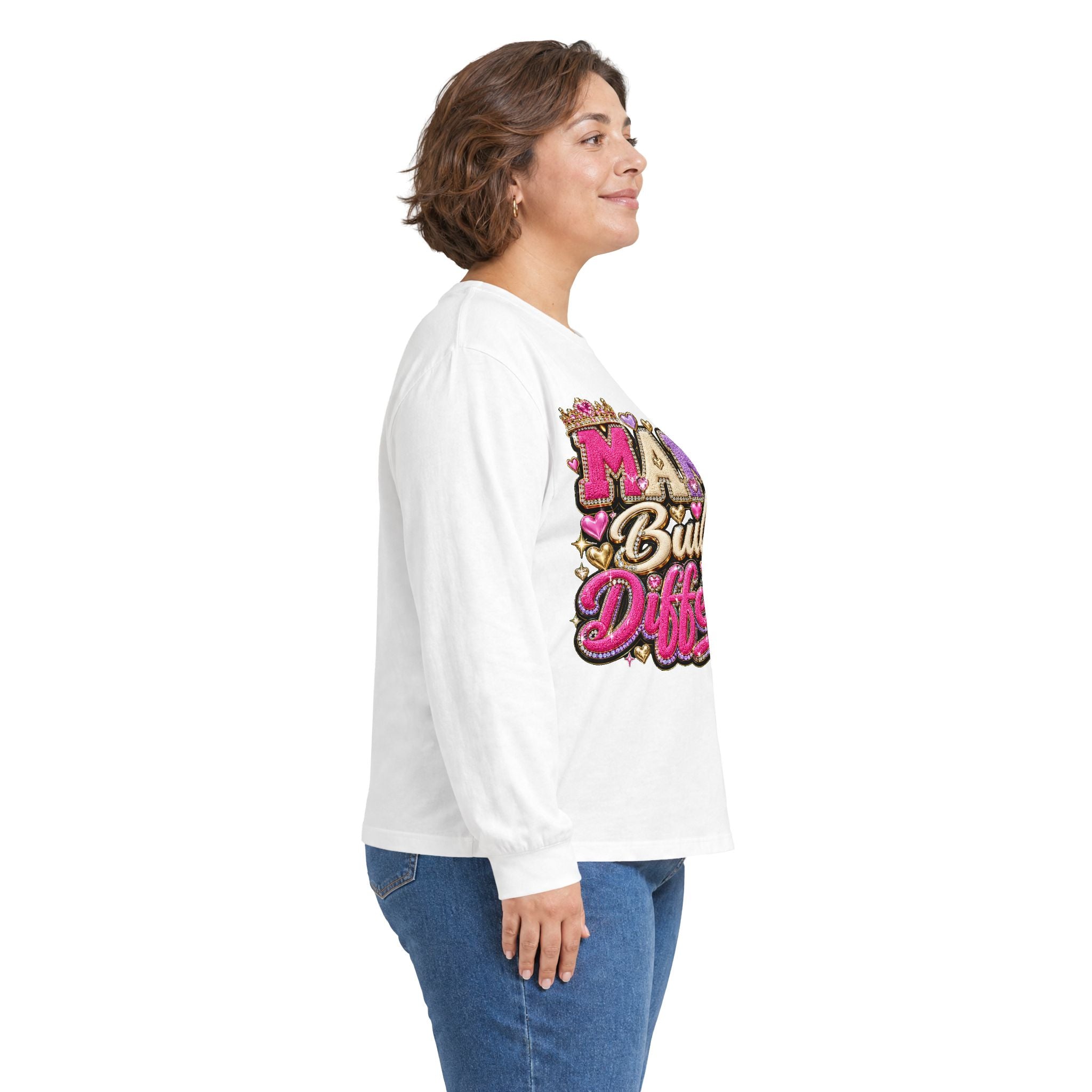 Mama Built Different Long Sleeve Tee — Pink Crowned Mom Graphic Shirt
