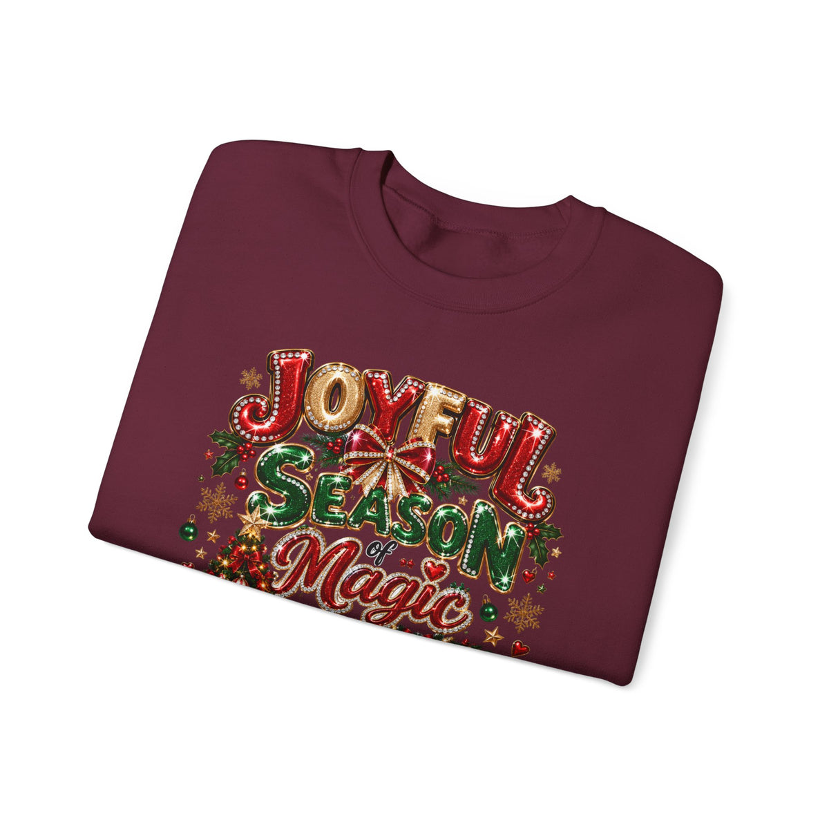 Joyful Season Magic Crewneck Sweatshirt — Christmas Tree & Fireplace Holiday Sweater