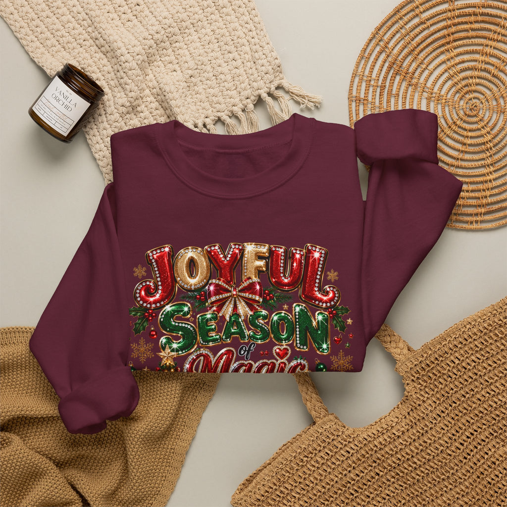 Joyful Season Magic Crewneck Sweatshirt — Christmas Tree & Fireplace Holiday Sweater