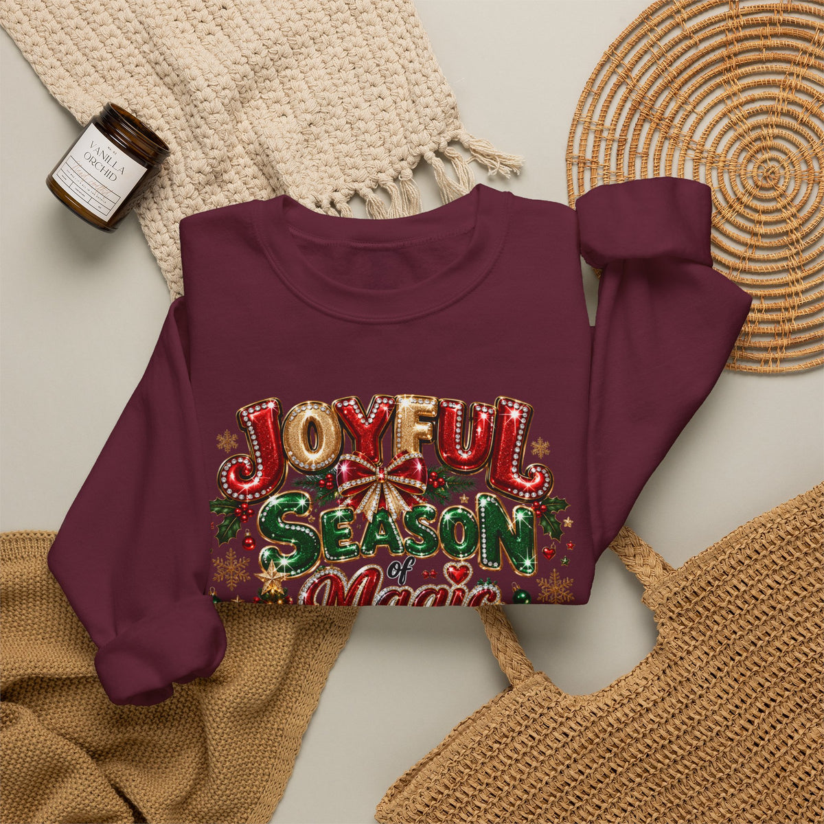 Joyful Season Magic Crewneck Sweatshirt — Christmas Tree & Fireplace Holiday Sweater