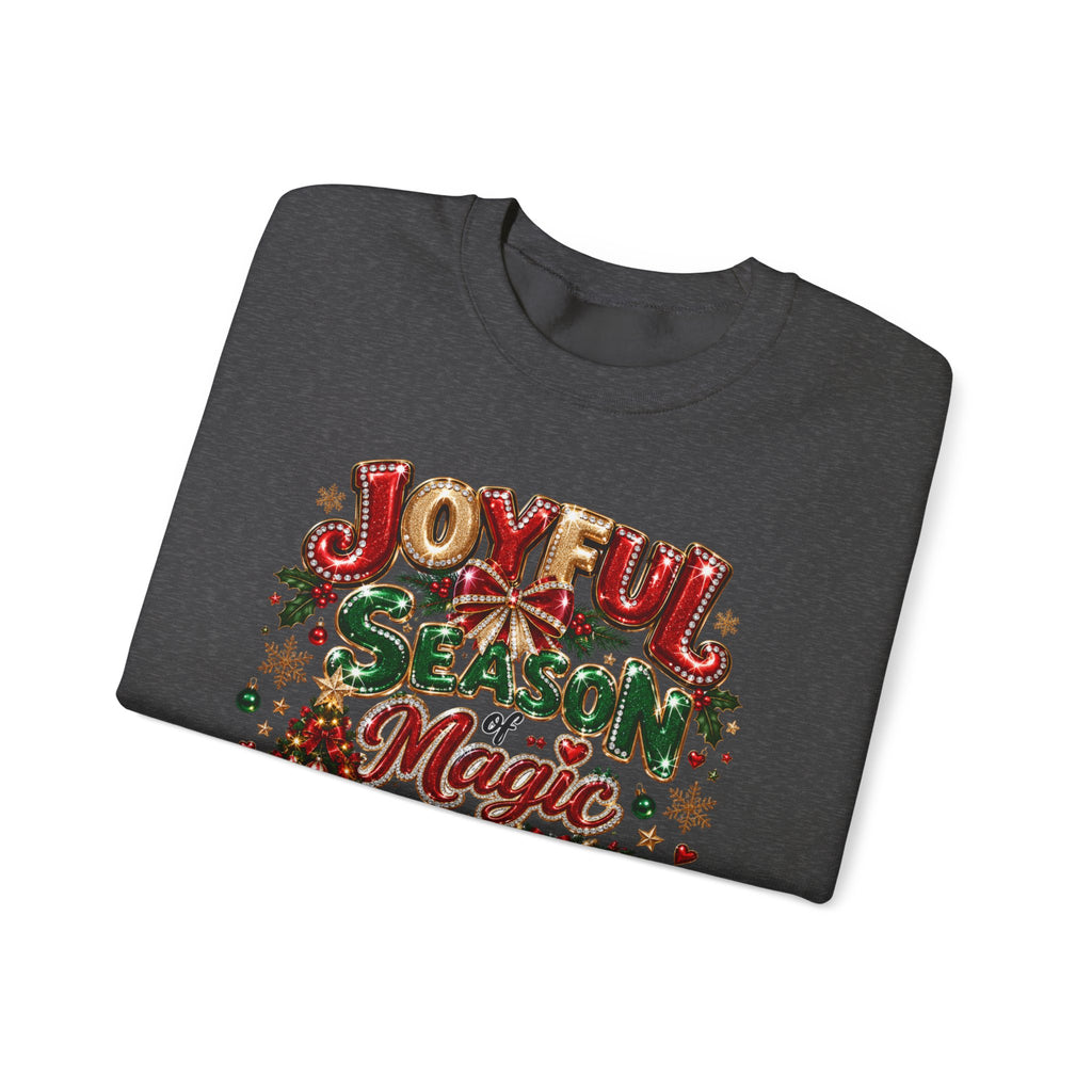 Joyful Season Magic Crewneck Sweatshirt — Christmas Tree & Fireplace Holiday Sweater