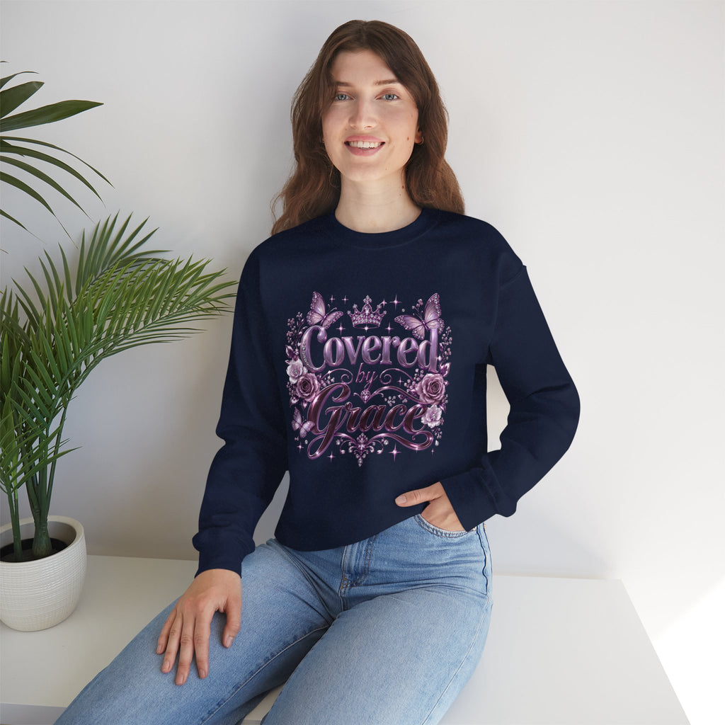 Crewneck Sweatshirt — "Covered by Grace" Floral Christian Pullover