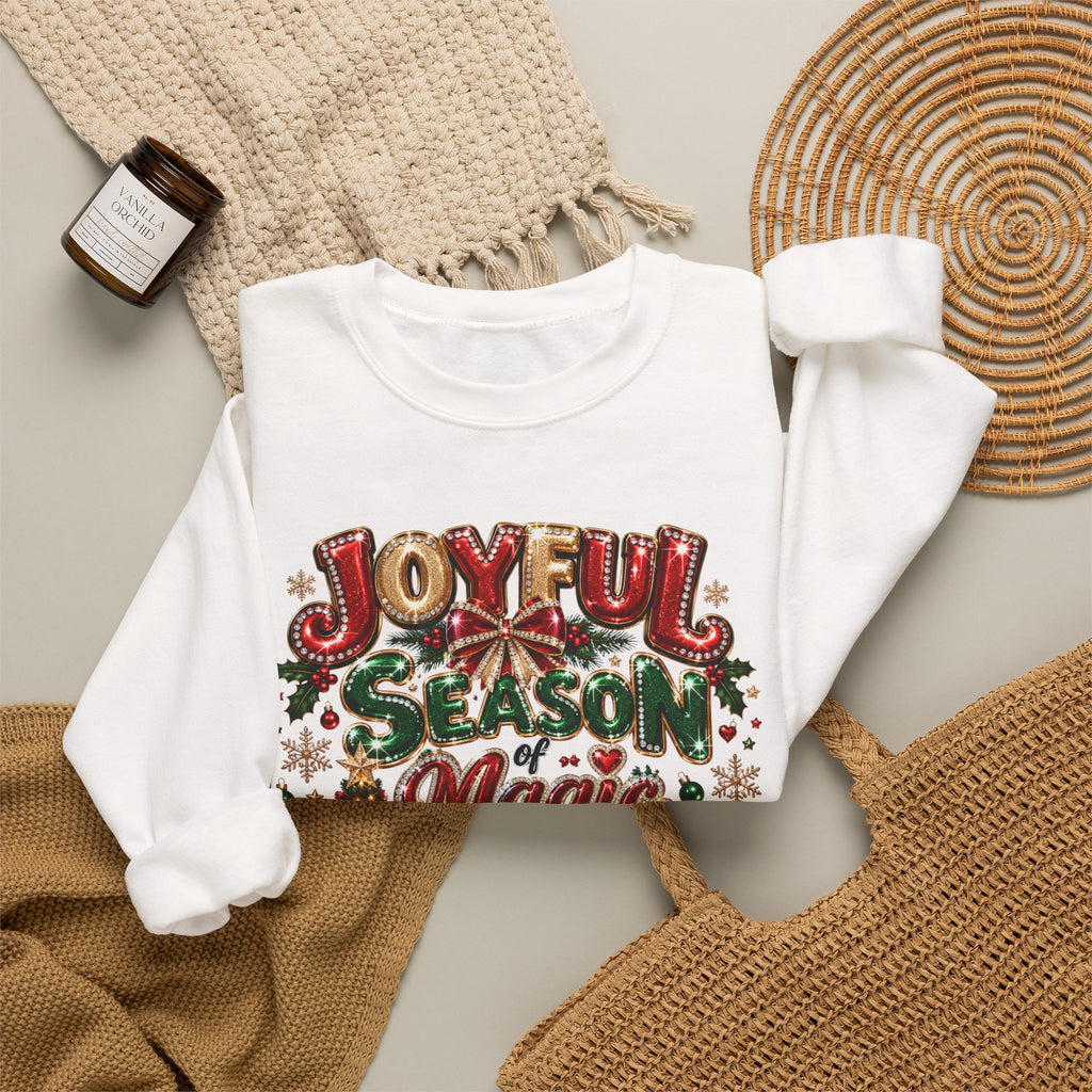 Joyful Season Magic Crewneck Sweatshirt — Christmas Tree & Fireplace Holiday Sweater