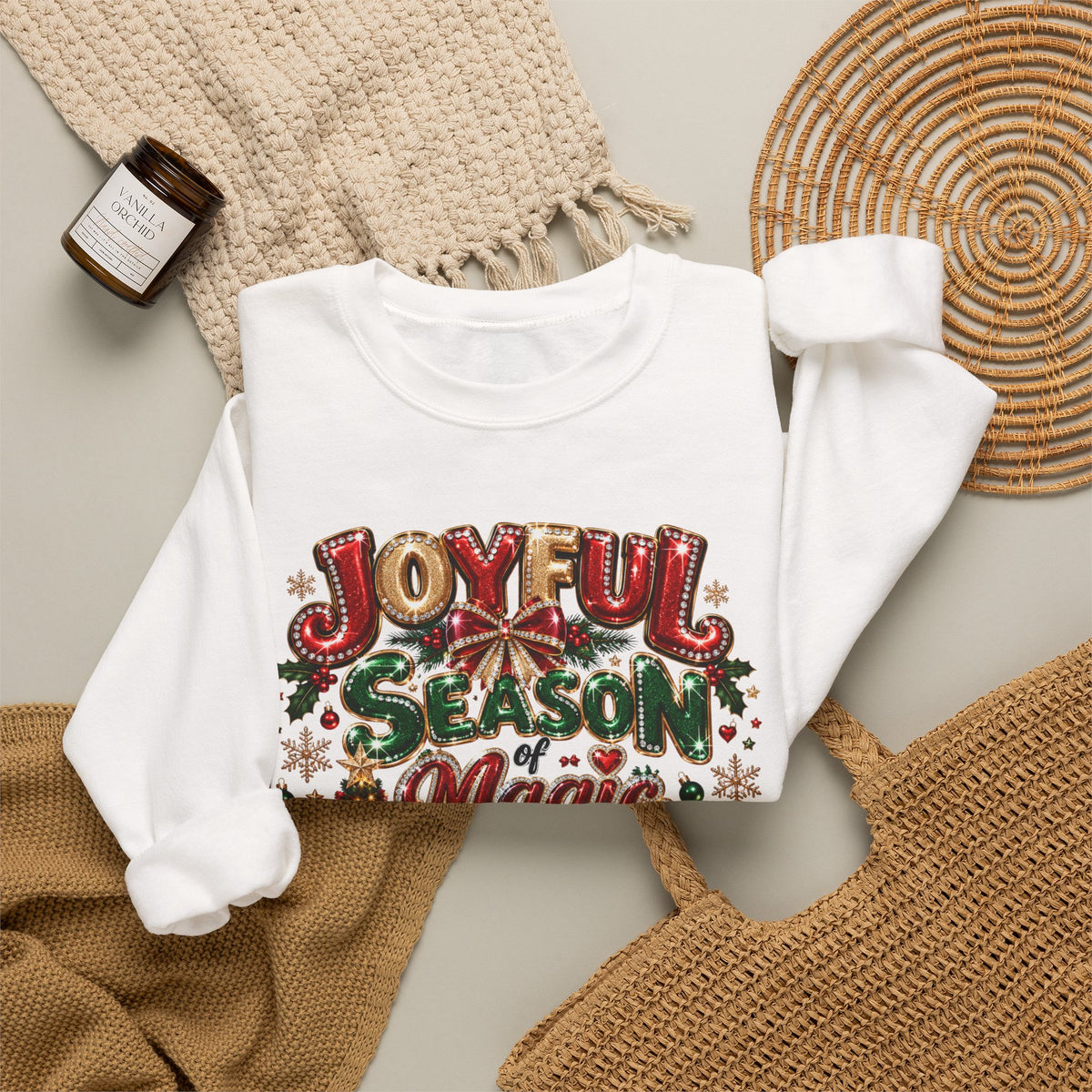 Joyful Season Magic Crewneck Sweatshirt — Christmas Tree & Fireplace Holiday Sweater