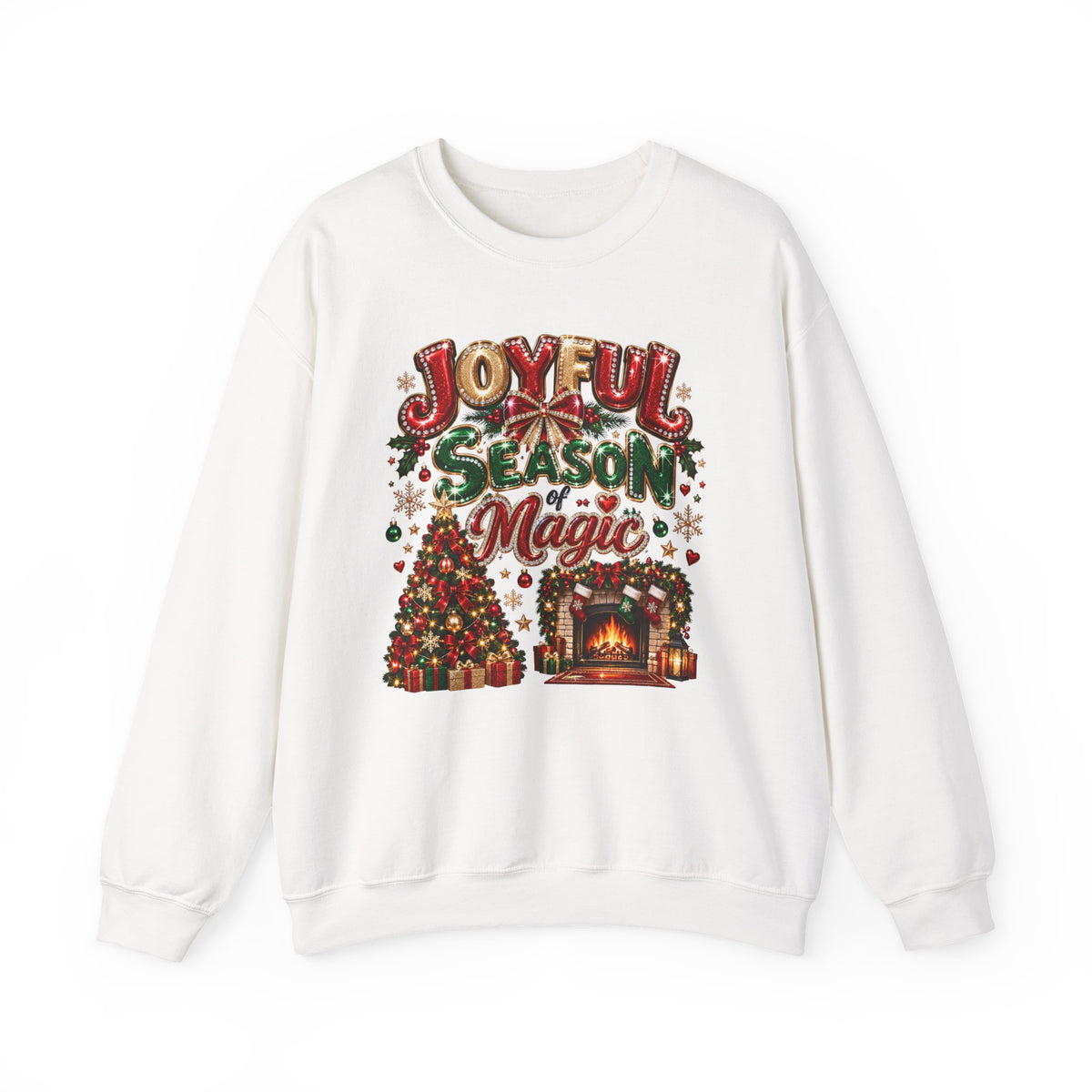 Joyful Season Magic Crewneck Sweatshirt — Christmas Tree & Fireplace Holiday Sweater