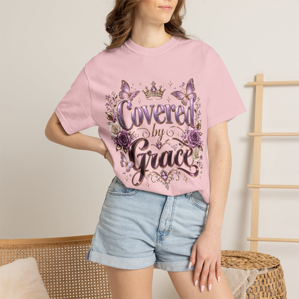 Covered by Grace T-Shirt — Floral Butterfly Christian Faith Tee