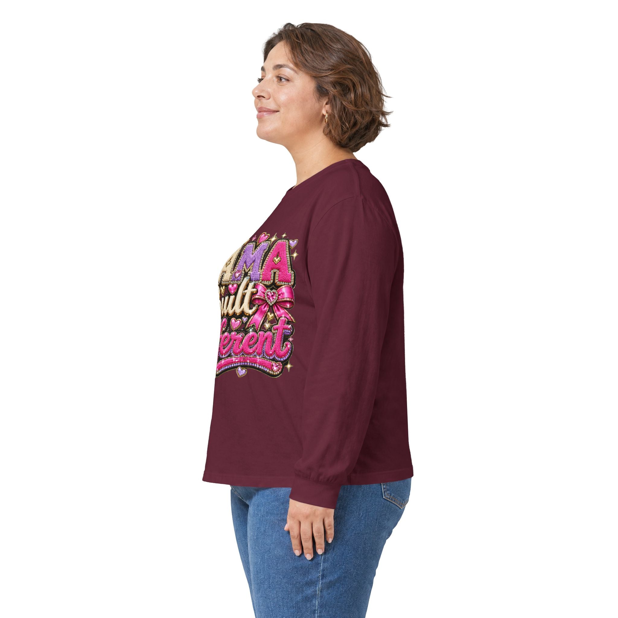 Mama Built Different Long Sleeve Tee — Pink Crowned Mom Graphic Shirt
