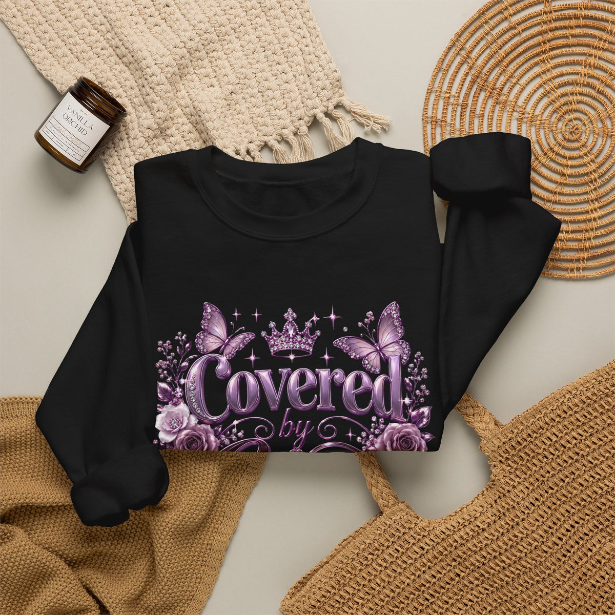 Crewneck Sweatshirt — "Covered by Grace" Floral Christian Pullover