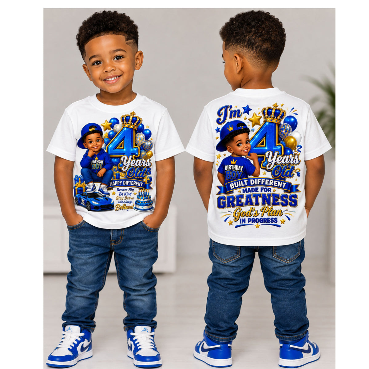A young boy shown from the front and back wearing a white graphic T-shirt with a blue and gold 4th birthday design, paired with blue jeans and blue-and-white sneakers, against a light indoor background.