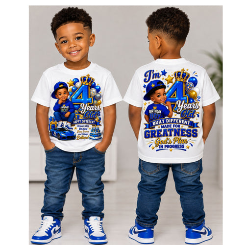 A young boy shown from the front and back wearing a white graphic T-shirt with a blue and gold 4th birthday design, paired with blue jeans and blue-and-white sneakers, against a light indoor background.