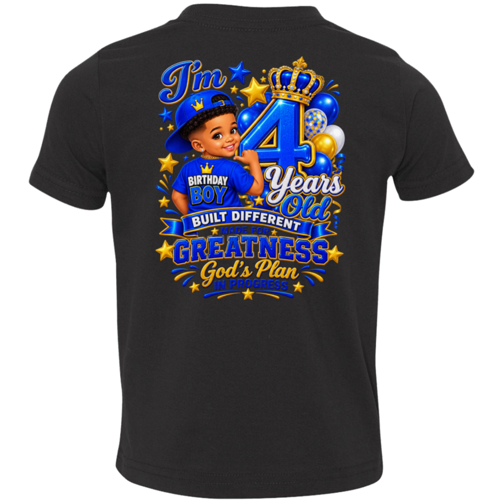 A black short-sleeve t-shirt shown from the back, featuring a large, colorful graphic print for a 4th birthday. The graphic includes a cartoon boy in a blue cap, a large blue number 4 with a gold crown, balloons, and text reading 'I'm 4 Years Old', 'BIRTHDAY BOY', 'BUILT DIFFERENT', and 'GREATNESS God's Plan IN AWARENESS'.
