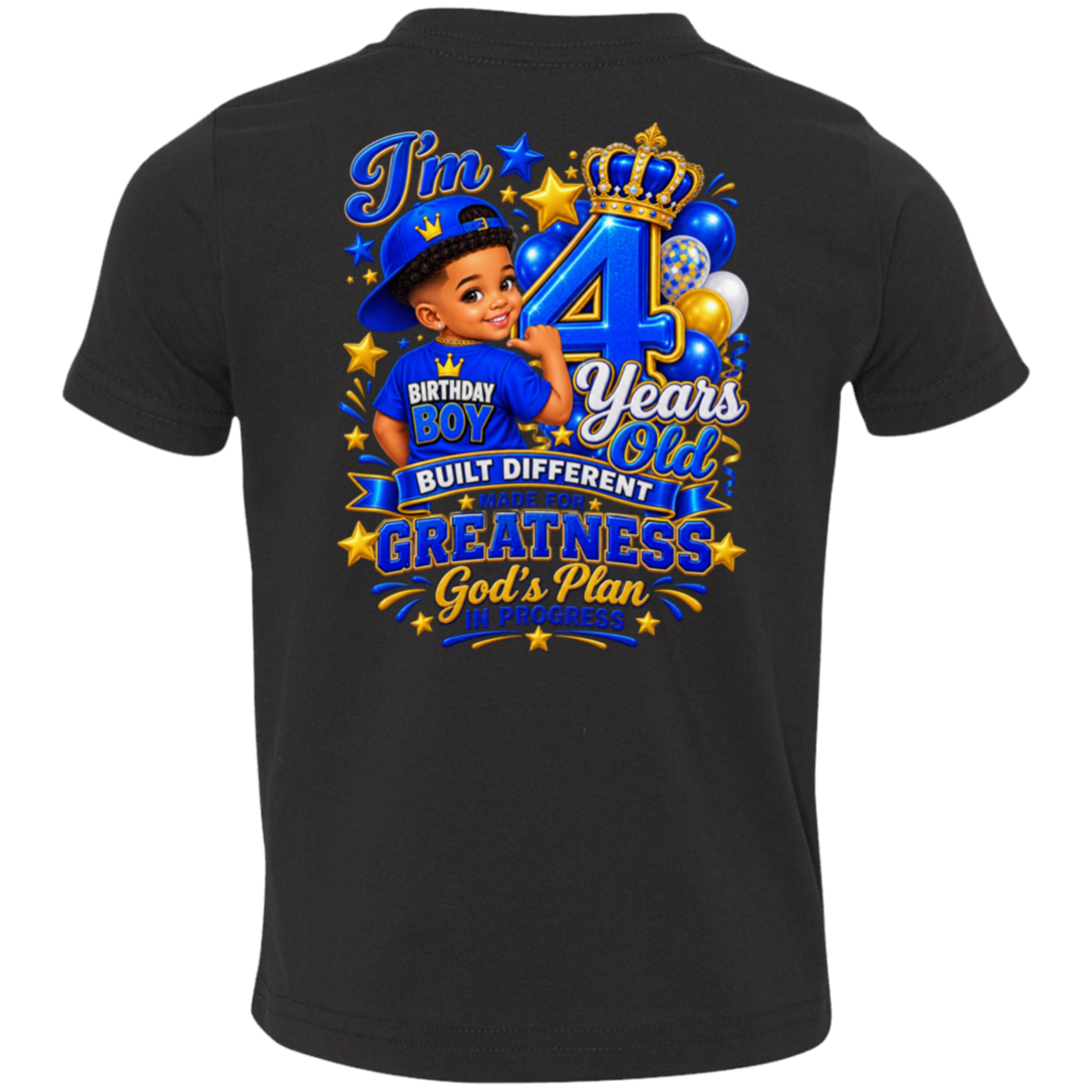 A black short-sleeve t-shirt shown from the back, featuring a large, colorful graphic print for a 4th birthday. The graphic includes a cartoon boy in a blue cap, a large blue number 4 with a gold crown, balloons, and text reading 'I'm 4 Years Old', 'BIRTHDAY BOY', 'BUILT DIFFERENT', and 'GREATNESS God's Plan IN AWARENESS'.