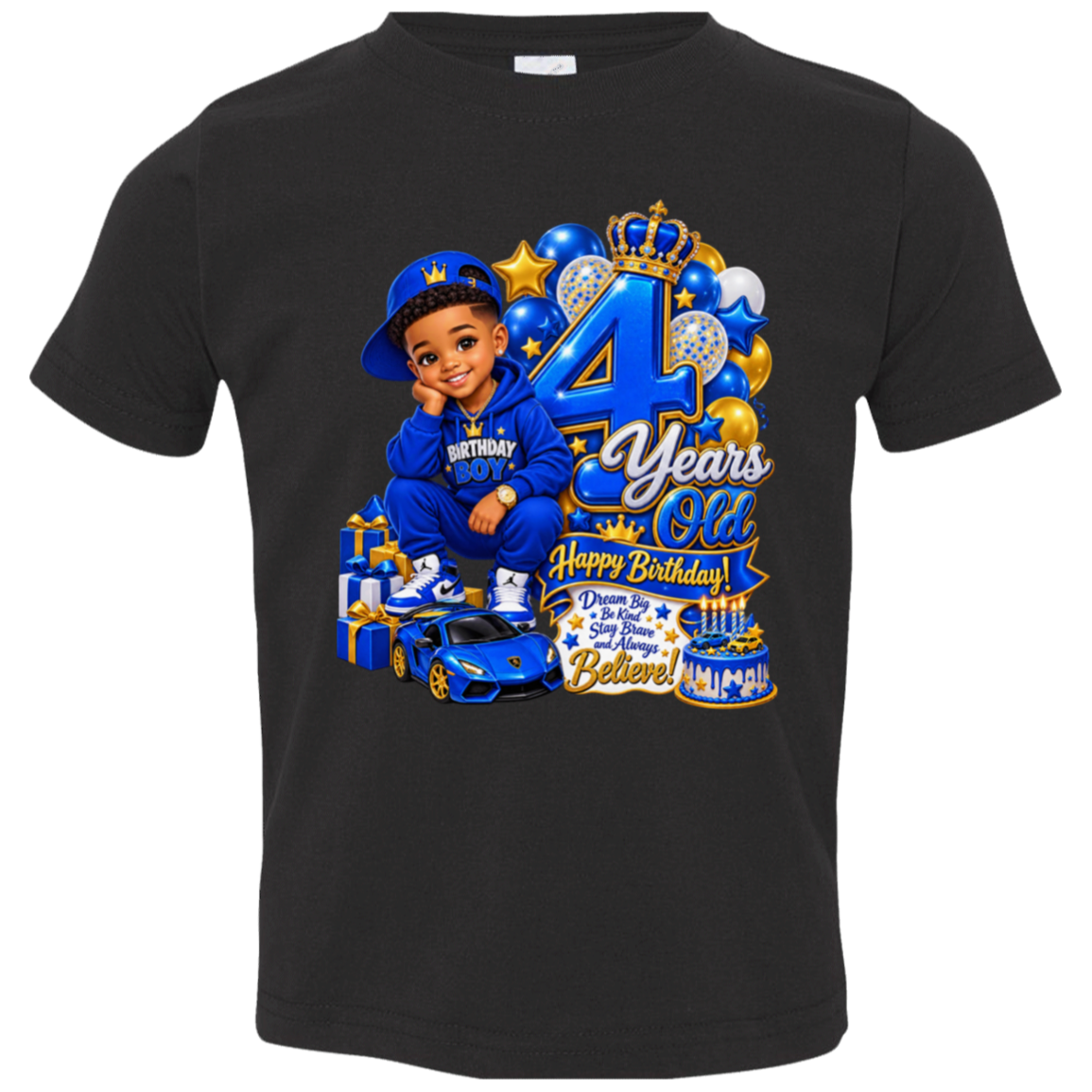 A black short-sleeve t-shirt with a large, colorful 4th birthday graphic on the front. The graphic features a cartoon boy in a blue outfit, balloons, a blue sports car, presents, and text reading '4 Years Old Happy Birthday'.