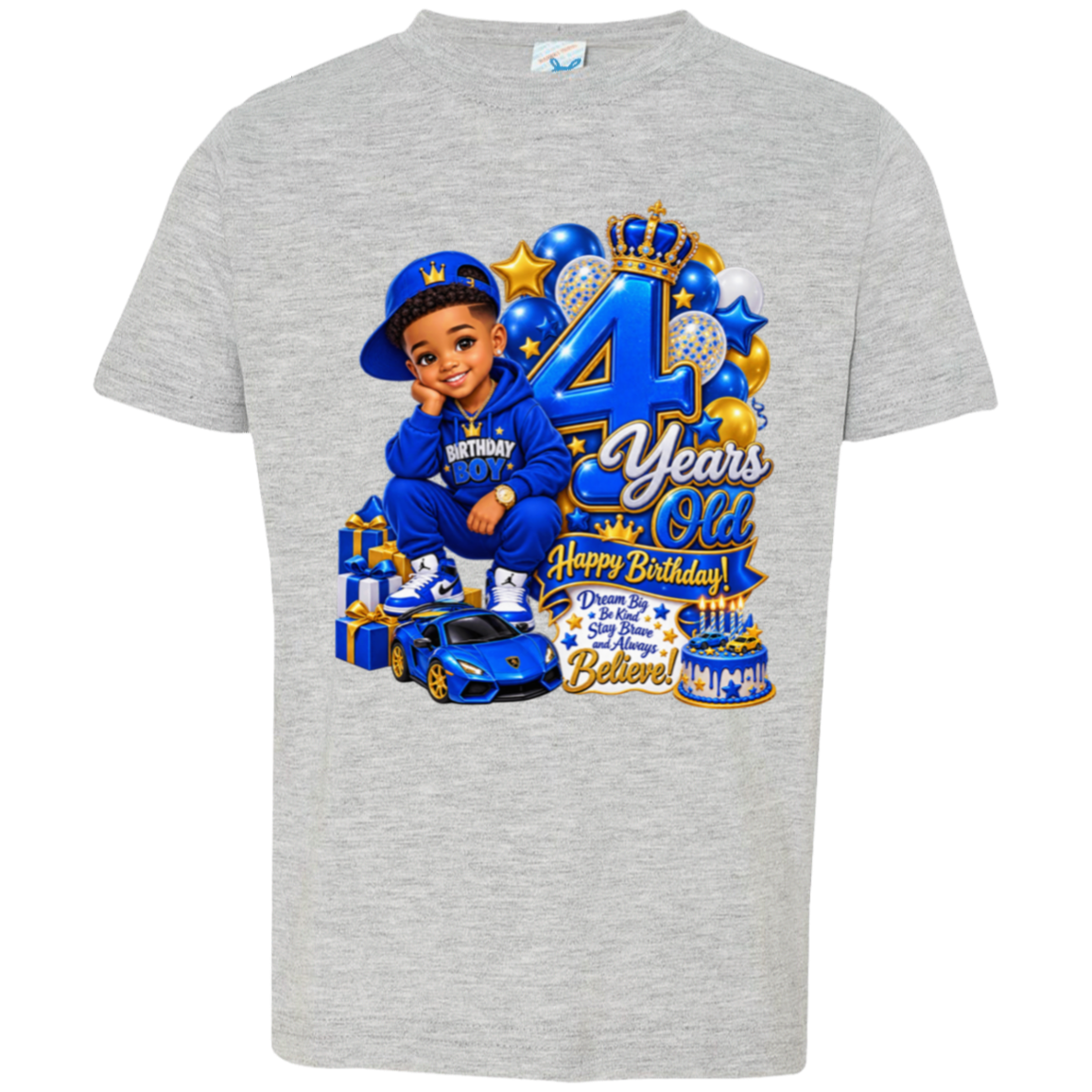 A heather grey short-sleeve t-shirt featuring a large, colorful 4th birthday graphic on the front. The graphic depicts a young boy in a blue tracksuit and cap, a blue sports car, balloons, presents, and a cake with the text '4 Years Old Happy Birthday'.