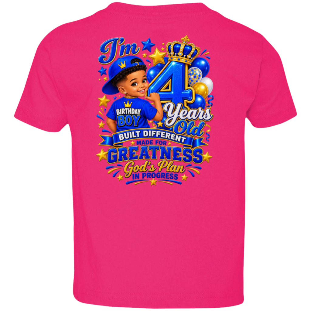 A hot pink short-sleeve t-shirt shown from the back, featuring a large, colorful graphic print celebrating a child's 4th birthday with text, balloons, stars, and a cartoon boy wearing a blue cap.