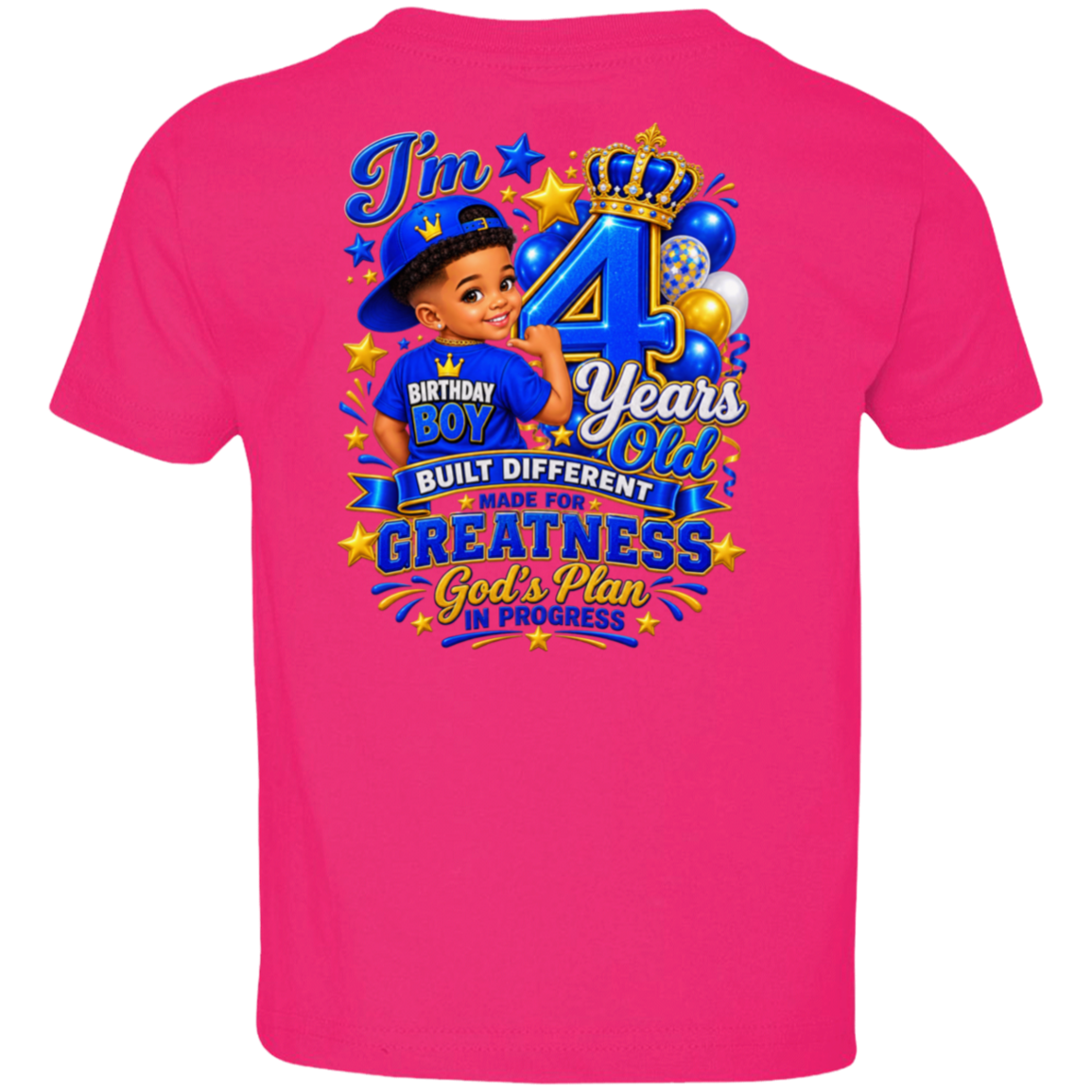 A hot pink short-sleeve t-shirt shown from the back, featuring a large, colorful graphic print celebrating a child's 4th birthday with text, balloons, stars, and a cartoon boy wearing a blue cap.