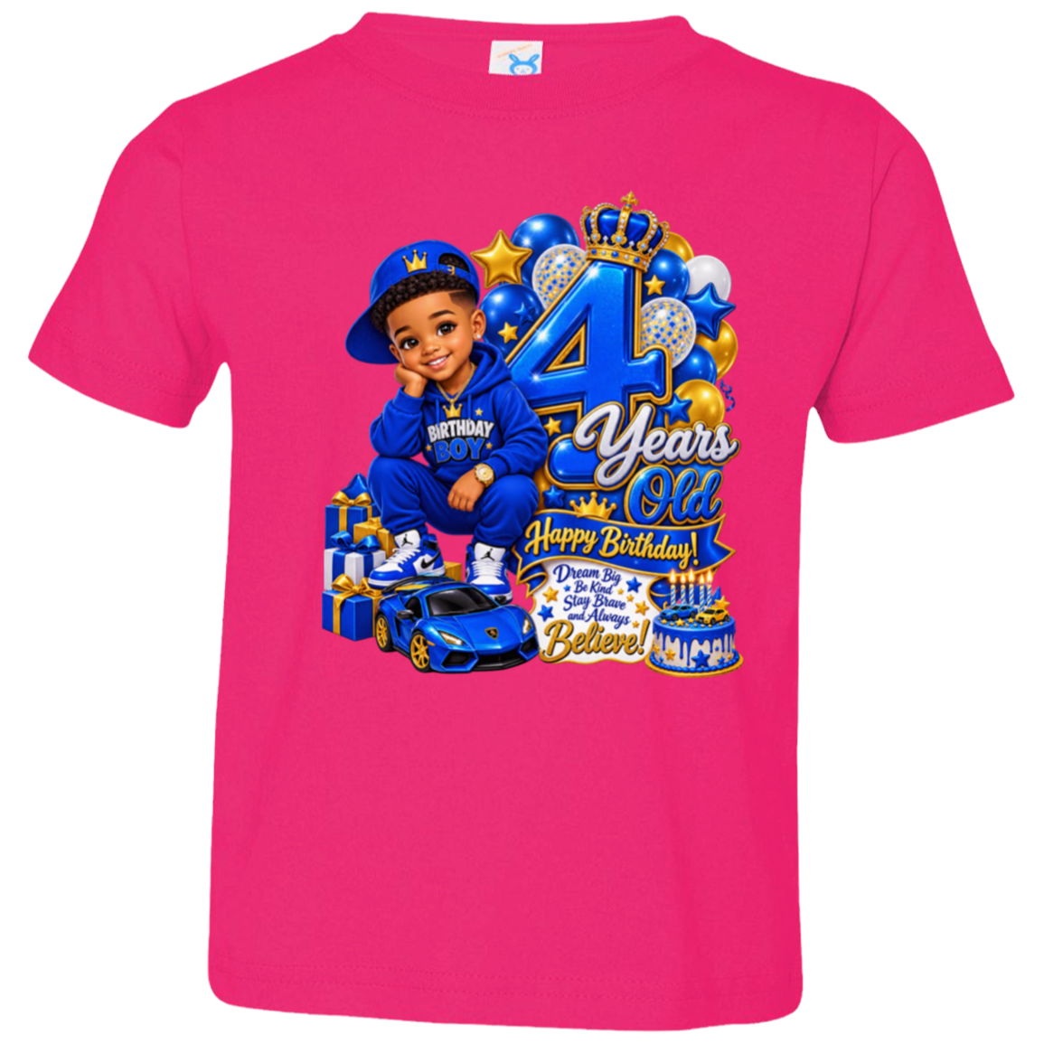 A hot pink short-sleeve t-shirt with a large, colorful 4th birthday graphic on the front. The graphic features a cartoon illustration of a young boy in a blue uniform, balloons, a blue sports car, presents, and celebratory text reading '4 Years Old Happy Birthday!'.