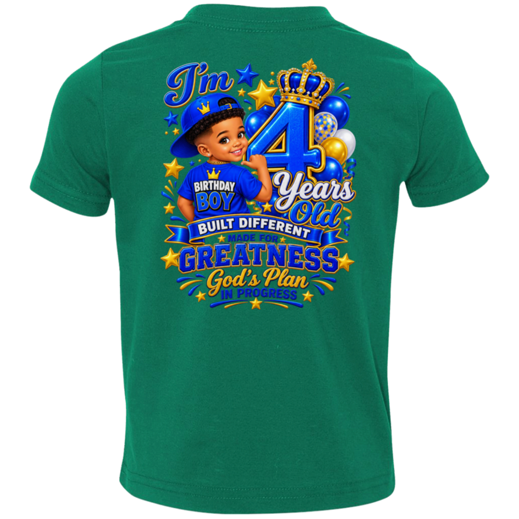 A kelly short-sleeve t-shirt shown from the back, featuring a large colorful graphic print for a 4th birthday. The graphic includes a cartoon boy in a blue cap, a large blue number 4 with a gold crown, balloons, and text reading 'I'm 4 Years Old', 'BIRTHDAY BOY', and 'GREATNESS God's Plan'.