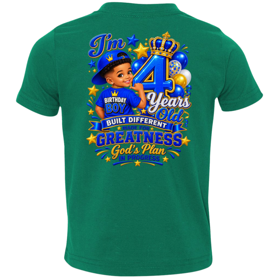 A kelly short-sleeve t-shirt shown from the back, featuring a large colorful graphic print for a 4th birthday. The graphic includes a cartoon boy in a blue cap, a large blue number 4 with a gold crown, balloons, and text reading 'I'm 4 Years Old', 'BIRTHDAY BOY', and 'GREATNESS God's Plan'.