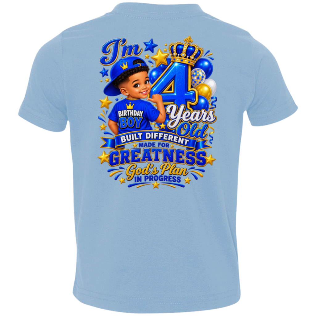 A light blue short-sleeve t-shirt shown from the back, featuring a large graphic print for a 4th birthday. The graphic includes a cartoon boy in a blue cap, balloons, a crown, and text reading 'I'm 4 Years Old', 'BIRTHDAY BOY', 'BUILT DIFFERENT MADE FOR GREATNESS', and 'God's Plan IN PROGRESS'.