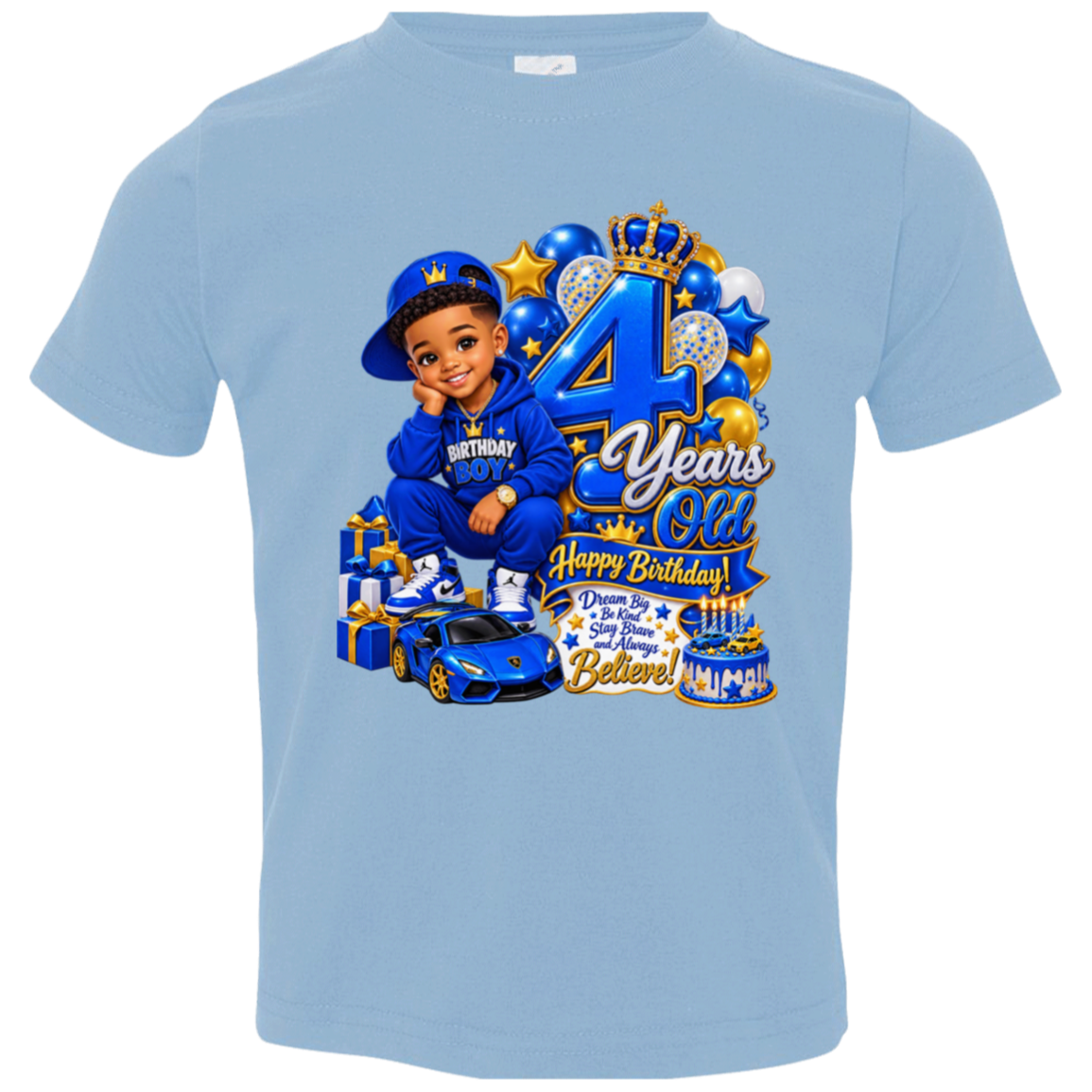 A light blue short-sleeve kids' t-shirt featuring a large, colorful 4th birthday graphic on the front. The graphic includes a photo of a young boy in a blue outfit, balloons, a blue sports car, presents, and celebratory text reading '4 Years Old Happy Birthday!'.