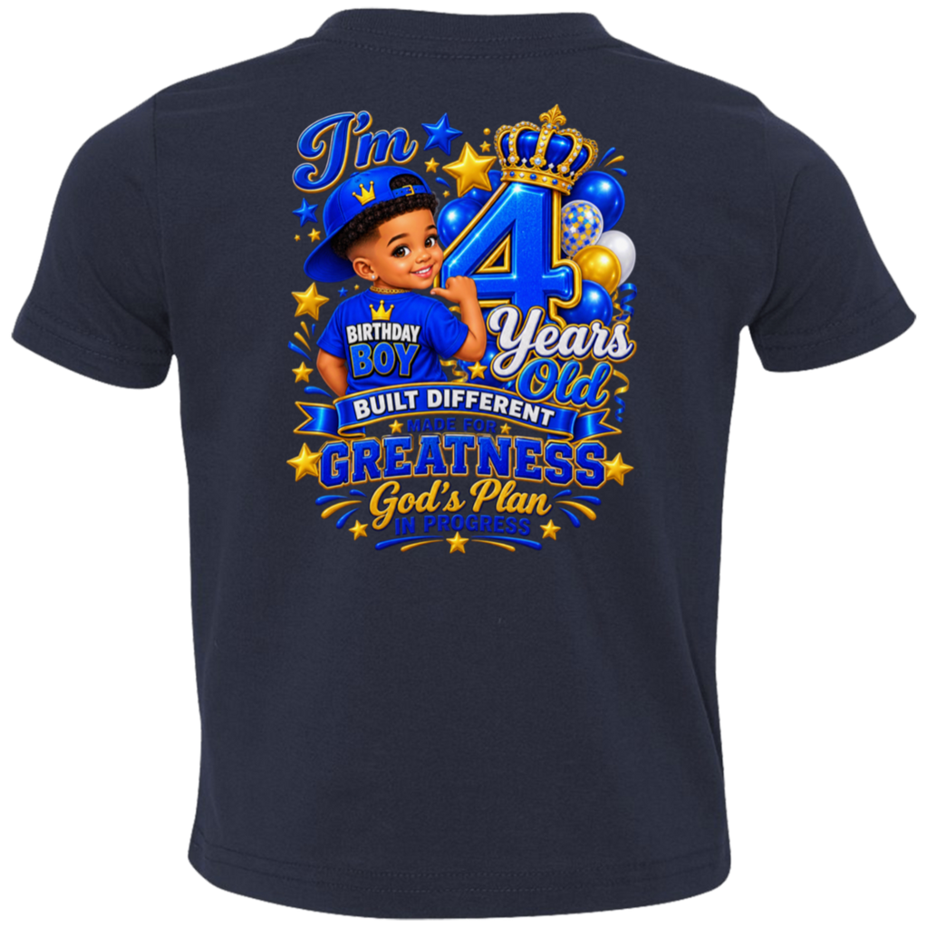A navy blue short-sleeve t-shirt shown from the back, featuring a large graphic print for a 4th birthday. The graphic includes a cartoon boy in a blue cap, balloons, a gold crown, and text reading 'I'm 4 Years Old', 'BIRTHDAY BOY', 'BUILT DIFFERENT', 'GREATNESS', and 'God's Plan'.