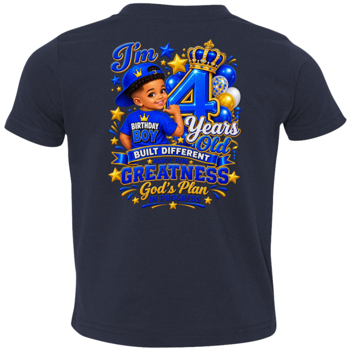 A navy blue short-sleeve t-shirt shown from the back, featuring a large graphic print for a 4th birthday. The graphic includes a cartoon boy in a blue cap, balloons, a gold crown, and text reading 'I'm 4 Years Old', 'BIRTHDAY BOY', 'BUILT DIFFERENT', 'GREATNESS', and 'God's Plan'.