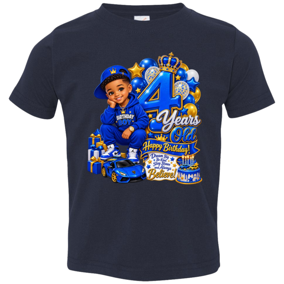 A navy blue short-sleeve t-shirt with a large, colorful 4th birthday graphic on the front. The graphic features a cartoon boy in a blue outfit, balloons, a blue sports car, presents, and celebratory text reading '4 Years Old Happy Birthday'.