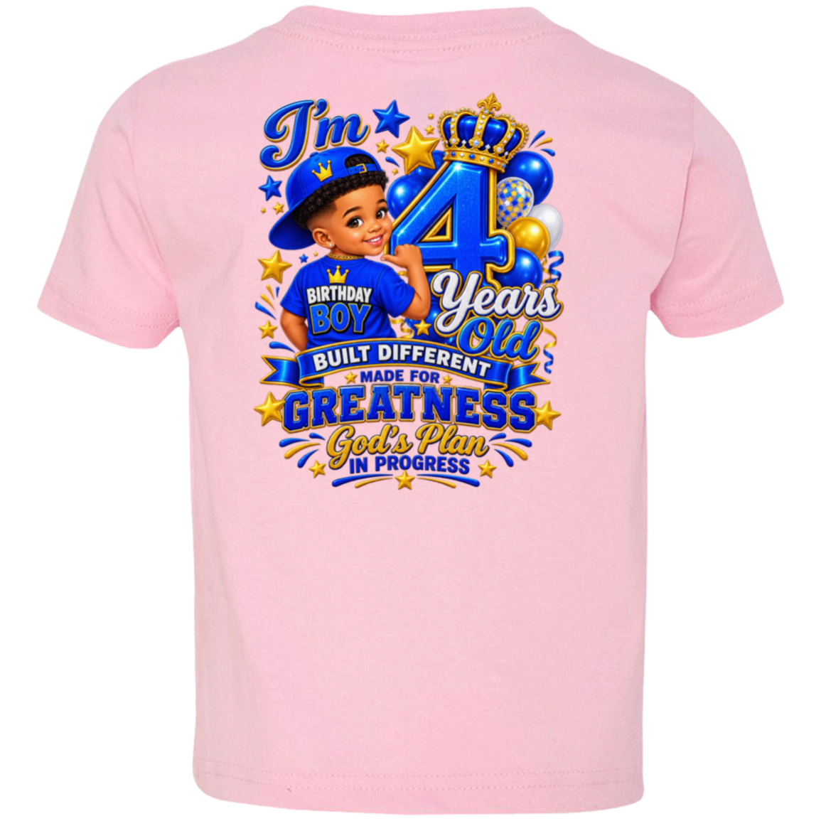 A light pink short-sleeve t-shirt shown from the back, featuring a large graphic print for a 4th birthday. The graphic includes a cartoon boy in a blue cap, balloons, stars, and text reading 'I'm BIRTHDAY BOY 4 Years Old BUILT DIFFERENT MADE FOR GREATNESS God's Plan IN PROGRESS'.