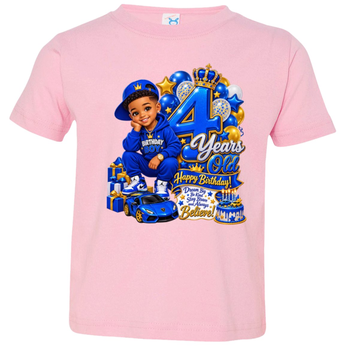 A light pink short-sleeve kids' t-shirt featuring a large graphic print on the front. The graphic depicts a young boy in a blue tracksuit and cap posing with a blue sports car, balloons, gifts, and a cake, with celebratory text reading '4 Years Old Happy Birthday!'.