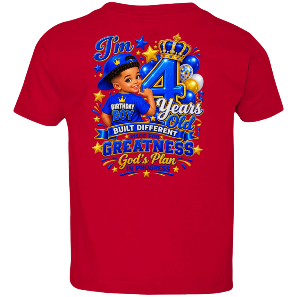 A red short-sleeve t-shirt shown from the back, featuring a large, colorful graphic print celebrating a 4th birthday with a cartoon boy, balloons, stars, and text reading 'I'm 4 Years Old Built Different Greatness God's Plan'.