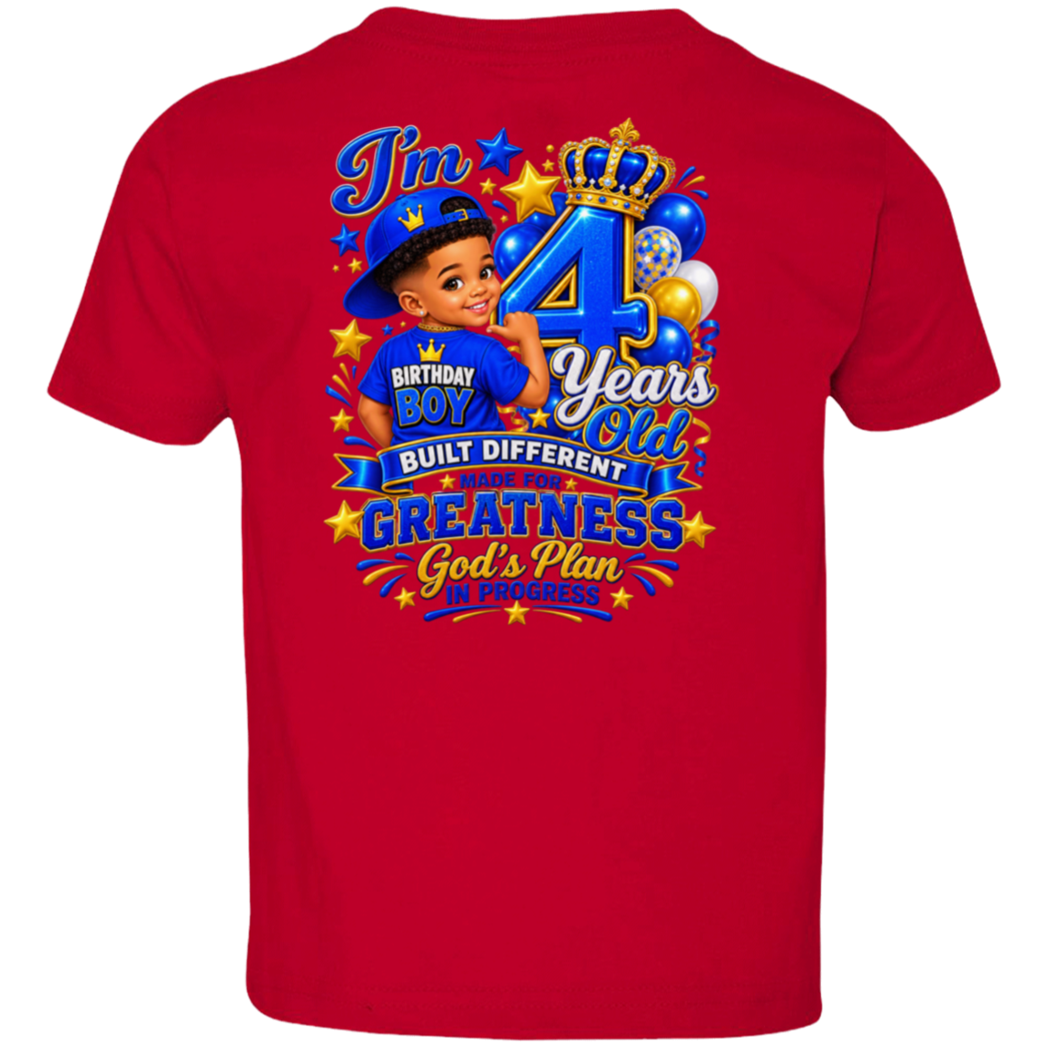 A red short-sleeve t-shirt shown from the back, featuring a large, colorful graphic print celebrating a 4th birthday with a cartoon boy, balloons, stars, and text reading 'I'm 4 Years Old Built Different Greatness God's Plan'.